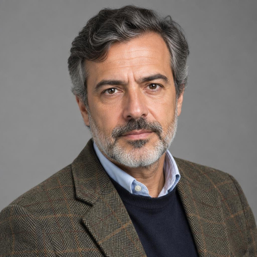 Studio portrait of a Portuguese man editor in his 50s