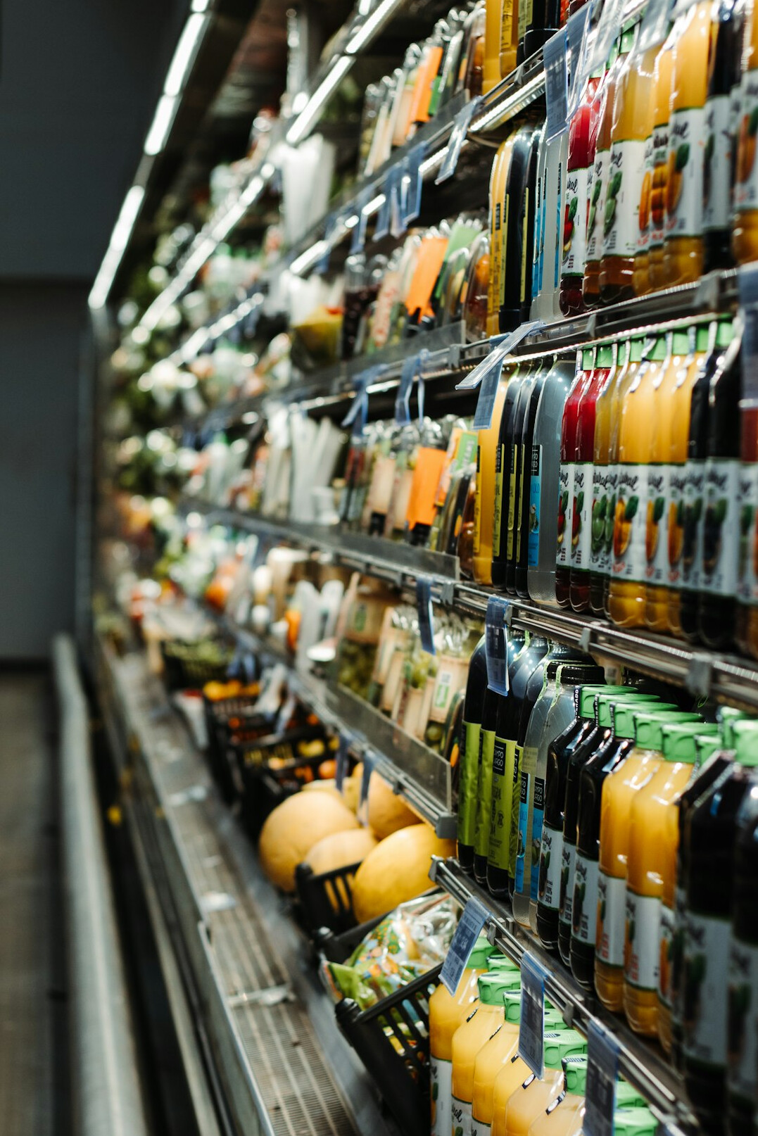 Supermarket aisle with shelves of packaged products